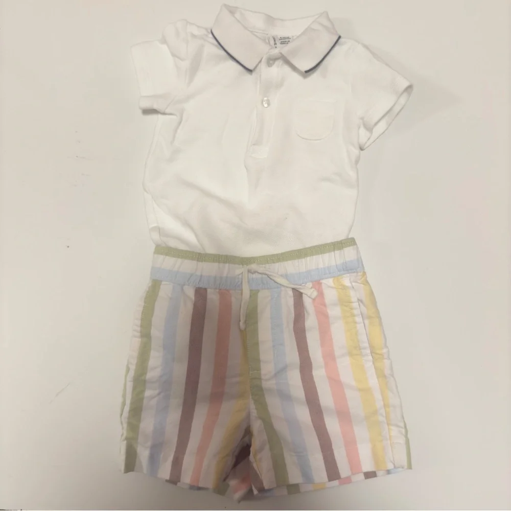 Janie &Jack White Polo body Shirt with Striped Shorts 6-12 months